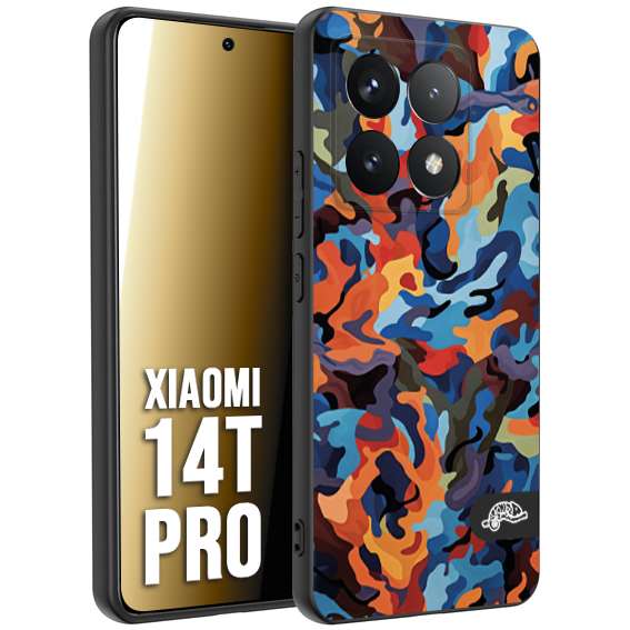 CUSTOMIZZA - Custodia cover nera morbida in tpu compatibile per Xiaomi 14T PRO camouflage mimetico militare moderno blu arancio rosso