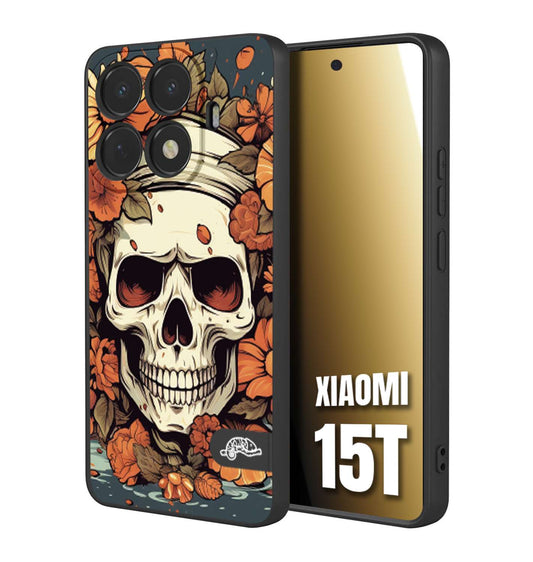 CUSTOMIZZA - Custodia cover nera morbida in tpu compatibile per Xiaomi 15T teschio skull flowers fiori tattoo disegnato alta definizione