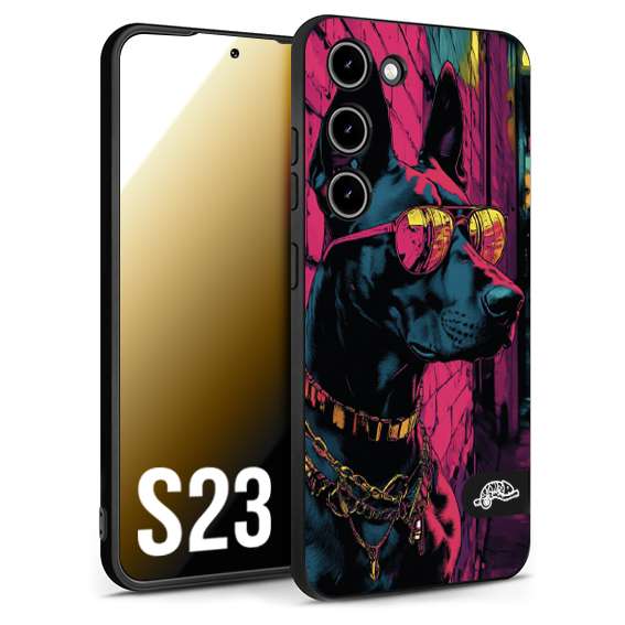 CUSTOMIZZA - Custodia cover nera morbida in tpu compatibile per Samsung S23 animali cyberpunk dobermann cane street dog fucsia blu