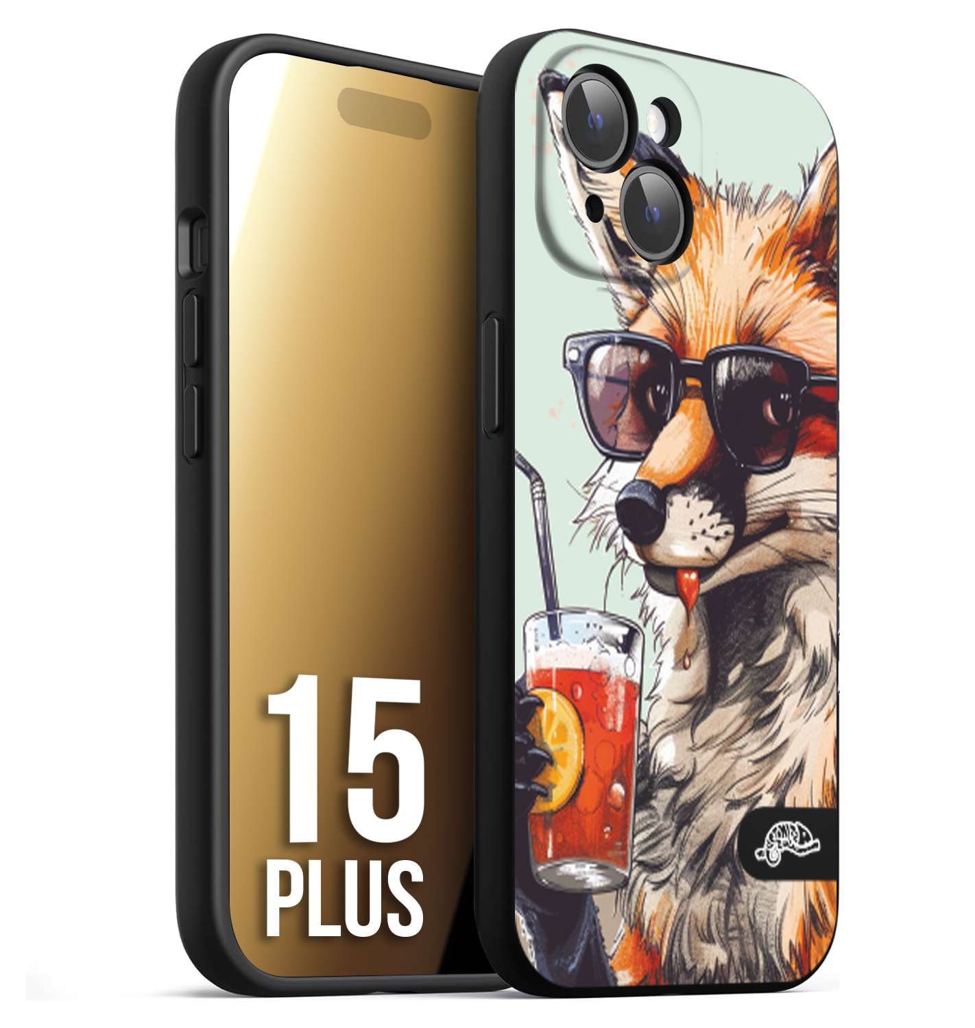 CUSTOMIZZA - Custodia cover nera morbida in tpu compatibile per iPhone 15 PLUS estate disegnata cocktails animali simpatici fox volpe negroni