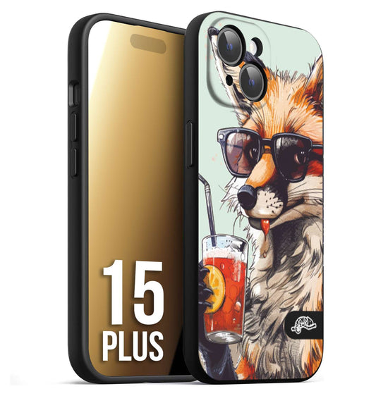 CUSTOMIZZA - Custodia cover nera morbida in tpu compatibile per iPhone 15 PLUS estate disegnata cocktails animali simpatici fox volpe negroni