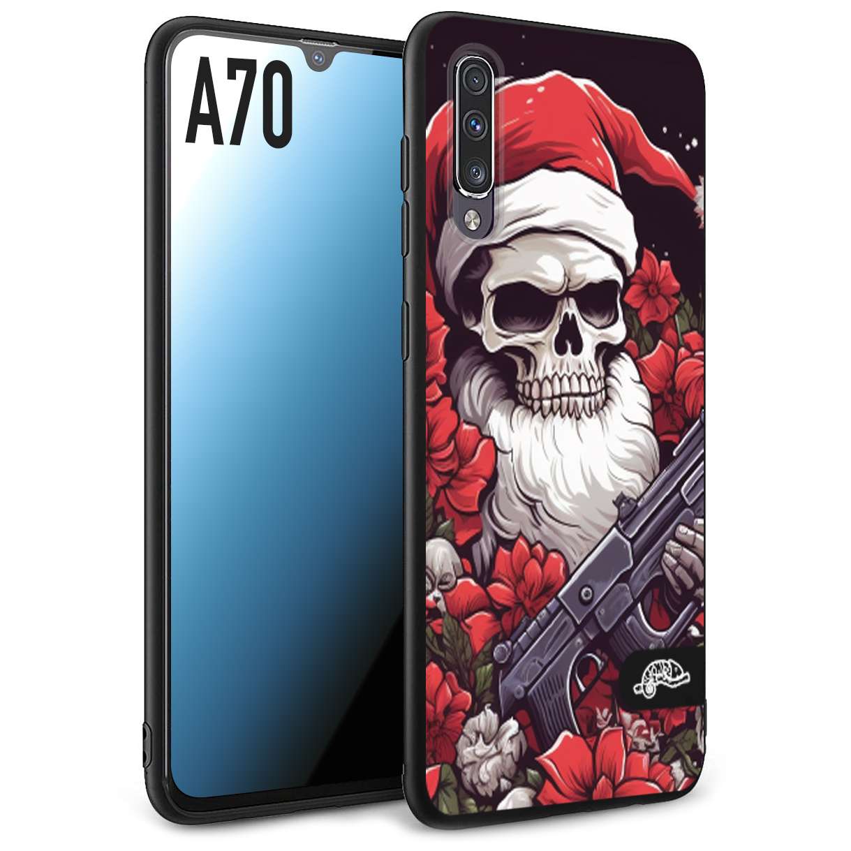 CUSTOMIZZA - Custodia cover nera morbida in tpu compatibile per Samsung A70 teschio natale santa claus fiori tattoo disegnato