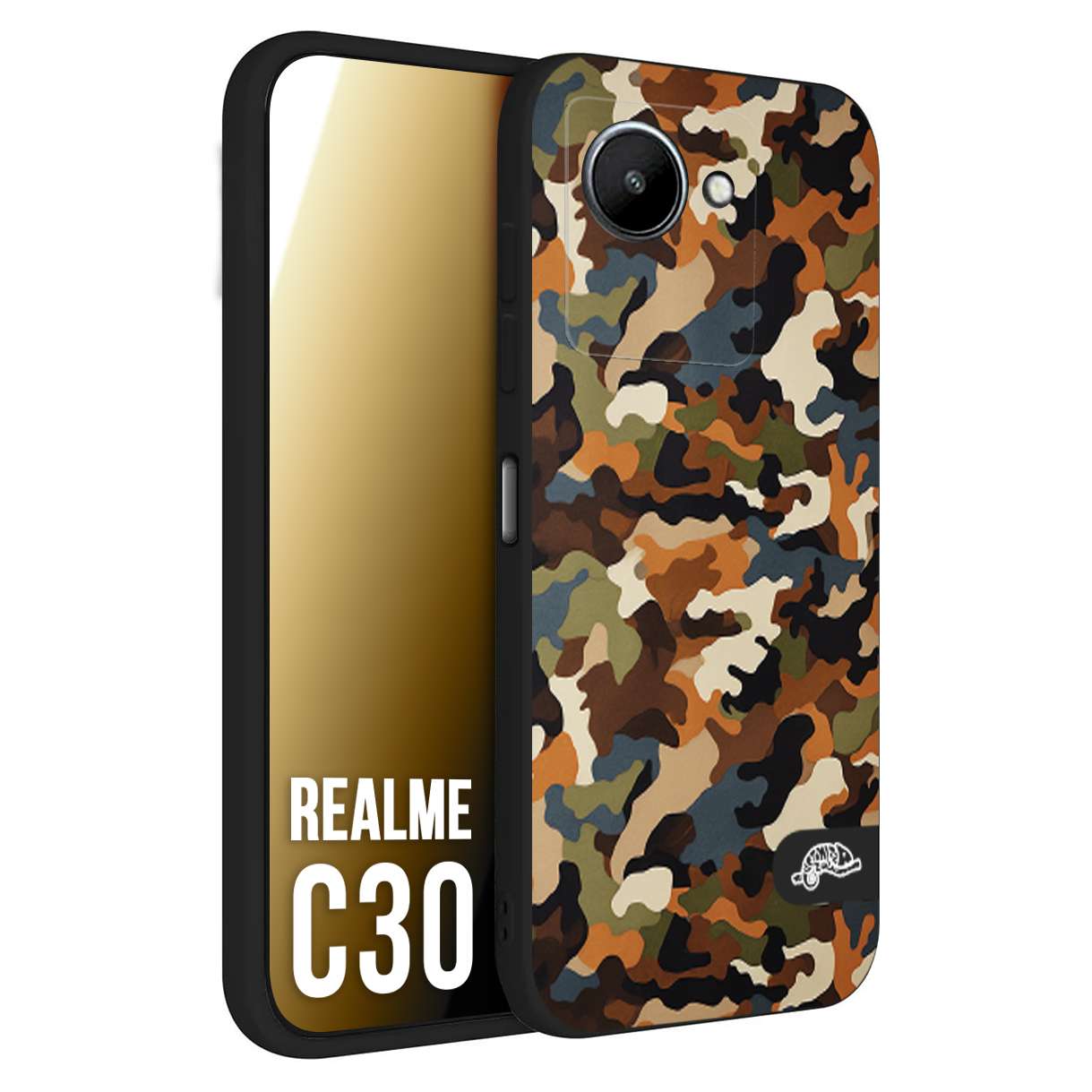 CUSTOMIZZA - Custodia cover nera morbida in tpu compatibile per Oppo Realme C30 camouflage mimetico militare moderno blu marrone beige