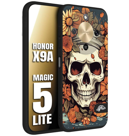 CUSTOMIZZA - Custodia cover nera morbida in tpu compatibile per Honor X9A - Honor Magic 5 Lite teschio skull flowers fiori tattoo disegnato alta definizione