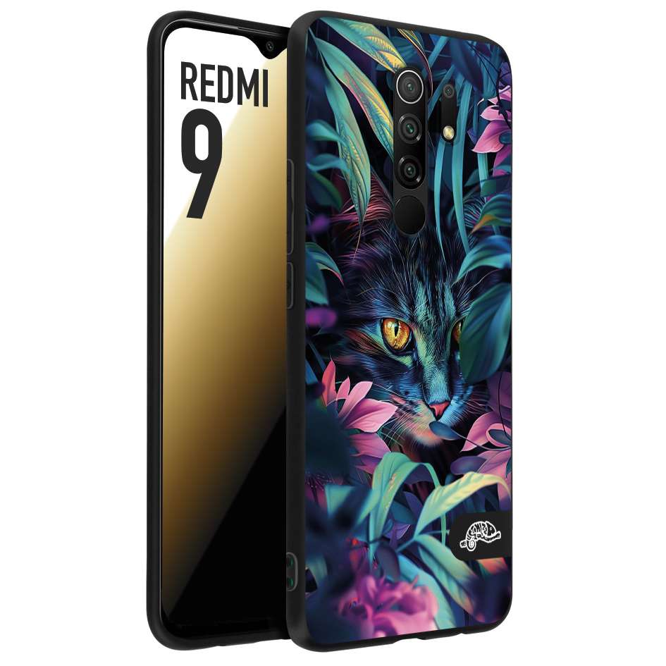 CUSTOMIZZA - Custodia cover nera morbida in tpu compatibile per Xiaomi Redmi 9 animali color giungla tropicale occhio di gatto colori vibranti disegnato