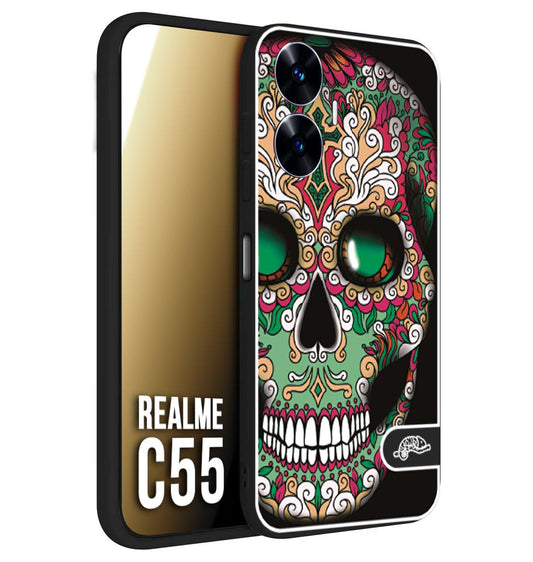 CUSTOMIZZA - Custodia cover nera morbida in tpu compatibile per Realme C55 teschio messicano Mexican skull verde fucsia