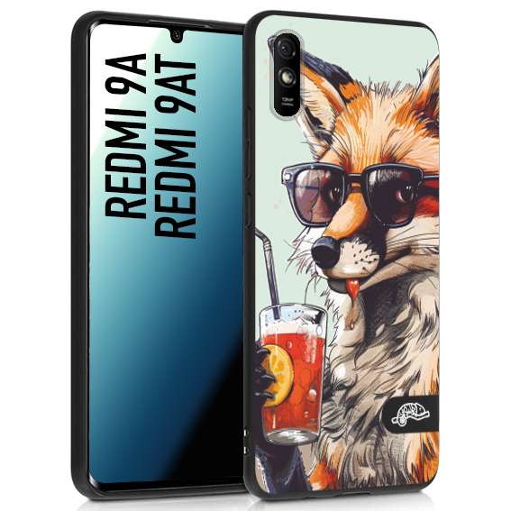 CUSTOMIZZA - Custodia cover nera morbida in tpu compatibile per Xiaomi Redmi 9A - 9AT estate disegnata cocktails animali simpatici fox volpe negroni