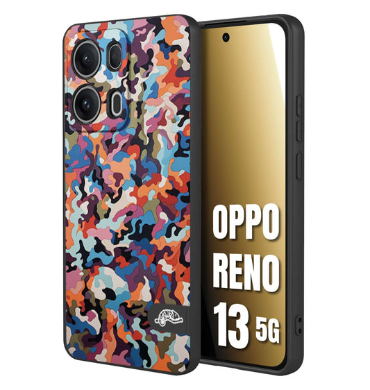 CUSTOMIZZA - Custodia cover nera morbida in tpu compatibile per Oppo Reno 13 5G camouflage mimetico militare moderno blu arancio rosa