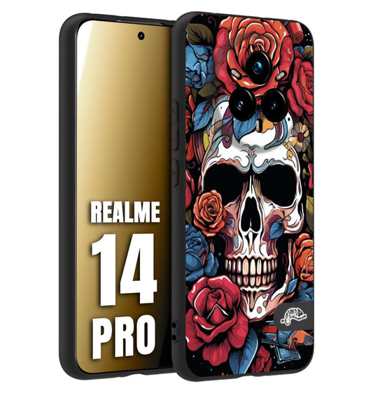 CUSTOMIZZA - Custodia cover nera morbida in tpu compatibile per Realme 14 PRO teschio skull flowers fiori rose rosse tattoo disegnato
