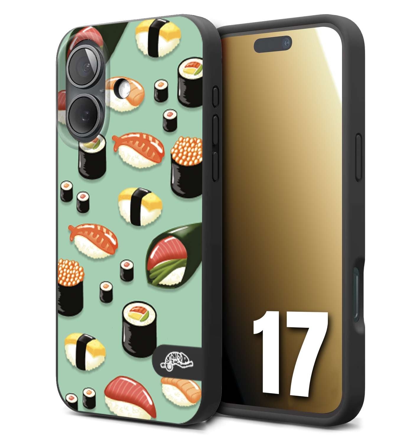 CUSTOMIZZA - Custodia cover nera morbida in tpu compatibile per iPhone 17 sushi disegni giapponese nighiri acquamarina verde