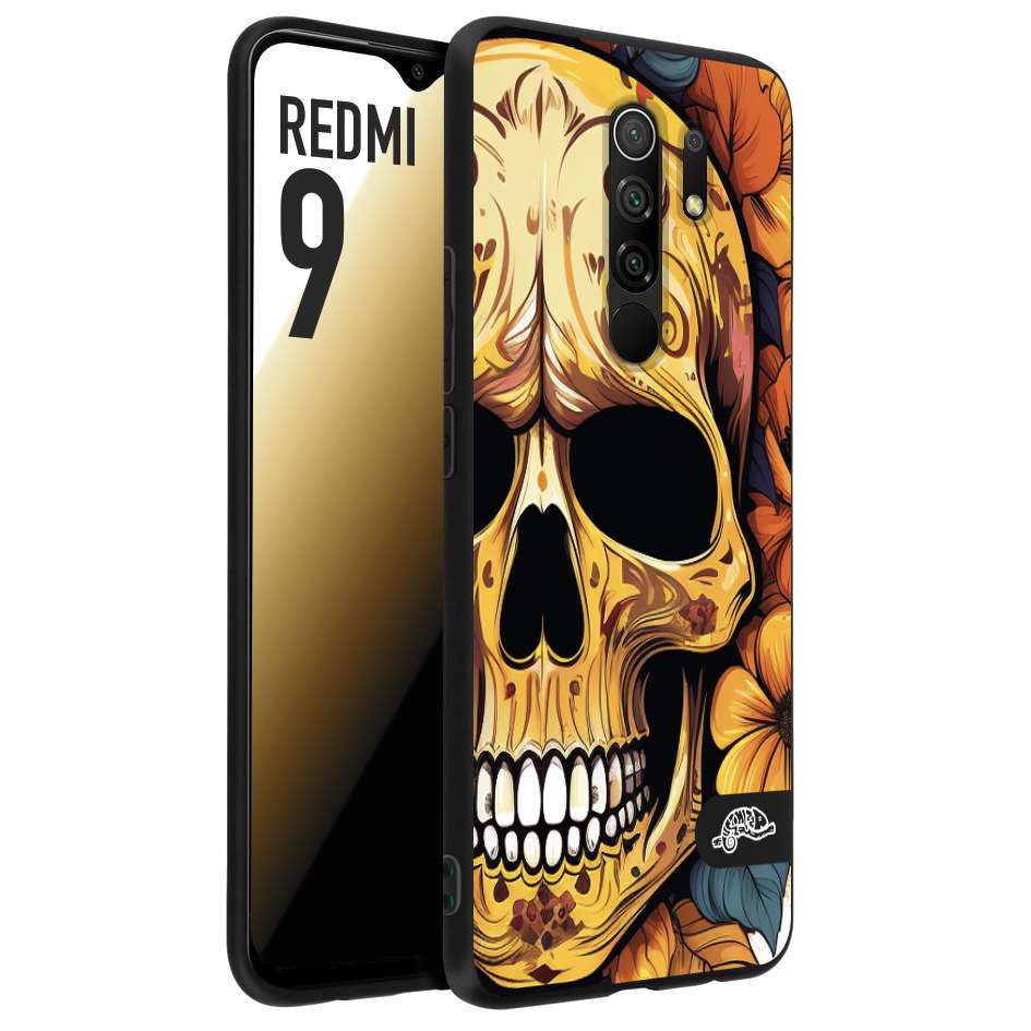 CUSTOMIZZA - Custodia cover nera morbida in tpu compatibile per Xiaomi Redmi 9 teschio messicano colorato dorato fiori autunnali disegnato