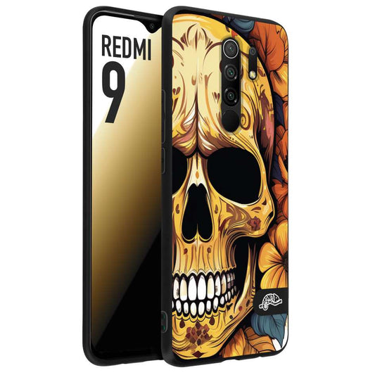CUSTOMIZZA - Custodia cover nera morbida in tpu compatibile per Xiaomi Redmi 9 teschio messicano colorato dorato fiori autunnali disegnato