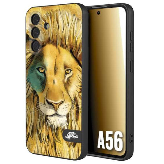 CUSTOMIZZA - Custodia cover nera morbida in tpu compatibile per Samsung A56 5G leone lion disegnato a mano giallo blu a rilievo artistico brown