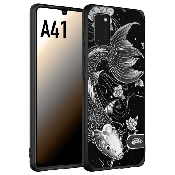 CUSTOMIZZA - Custodia cover nera morbida in tpu compatibile per Samsung A41 carpa koi black and white bianco a rilievo disegnato tattoo tatuaggio