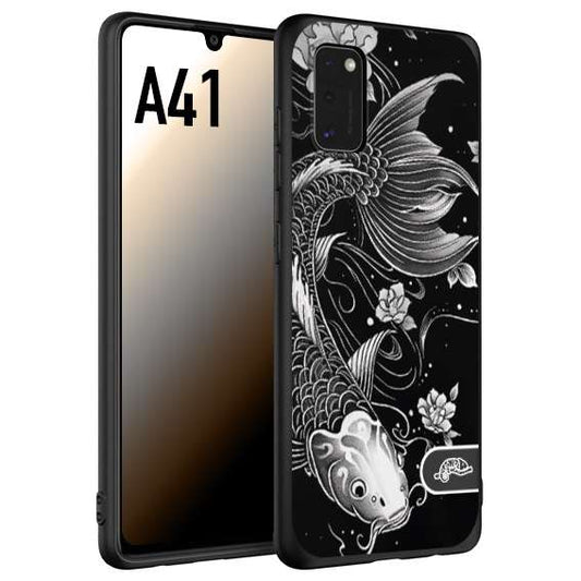 CUSTOMIZZA - Custodia cover nera morbida in tpu compatibile per Samsung A41 carpa koi black and white bianco a rilievo disegnato tattoo tatuaggio