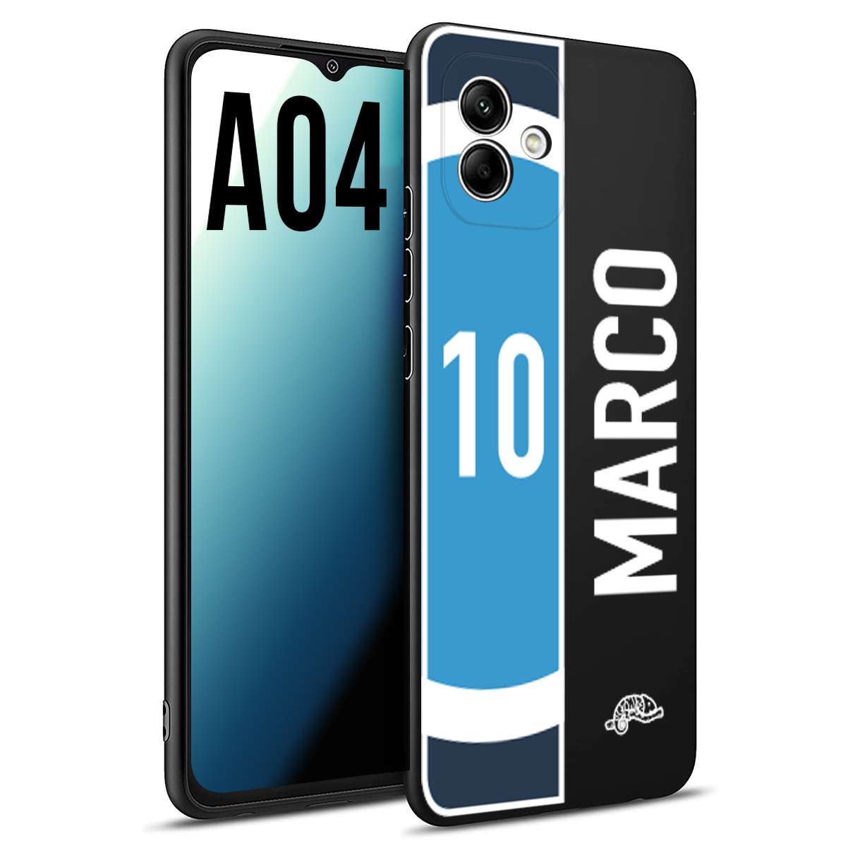 CUSTOMIZZA - Custodia cover nera morbida in tpu compatibile per Samsung A04 personalizzata calcio football nome e numero calciatori biancoazzurri bianco celesti