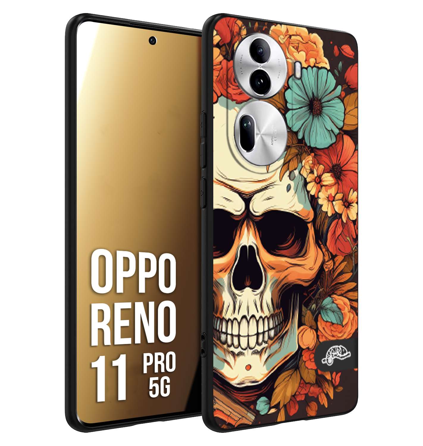 CUSTOMIZZA - Custodia cover nera morbida in tpu compatibile per Oppo Reno 11 PRO 5G teschio skull flowers fiori autunnali arancio celeste tattoo