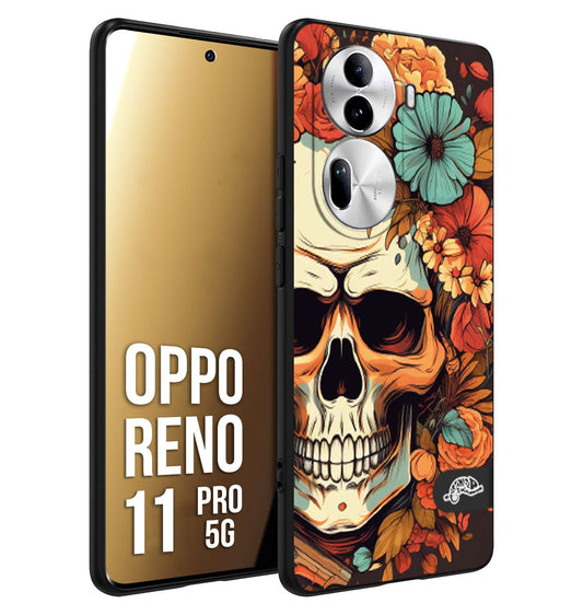 CUSTOMIZZA - Custodia cover nera morbida in tpu compatibile per Oppo Reno 11 PRO 5G teschio skull flowers fiori autunnali arancio celeste tattoo