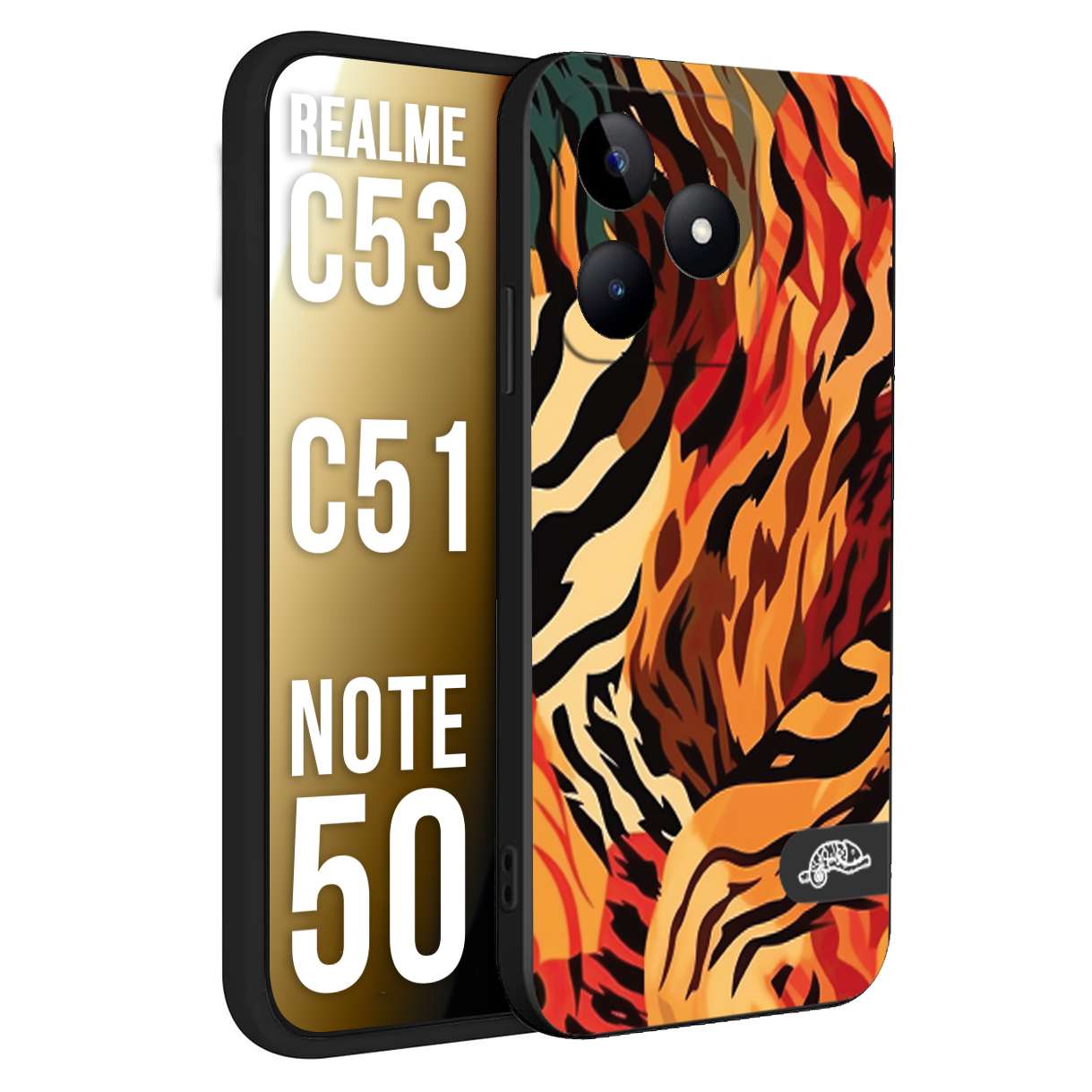 CUSTOMIZZA - Custodia cover nera morbida in tpu compatibile per Oppo Realme C53 - C51 - NOTE 50 leopardato maculato tigrato tiger colorata gialla rossa arancio