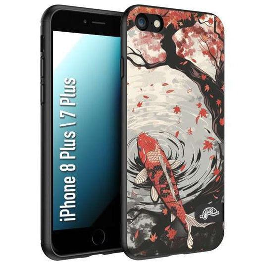 CUSTOMIZZA - Custodia cover nera morbida in tpu compatibile per iPhone 7 Plus - 8 plus giapponese lago carpa koi rossa con foglie d'acero rosso disegnata tattoo