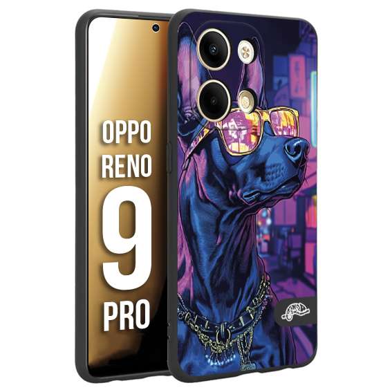 CUSTOMIZZA - Custodia cover nera morbida in tpu compatibile per Oppo Reno 9 PRO animali cyberpunk dobermann cane street dog fucsia blu night