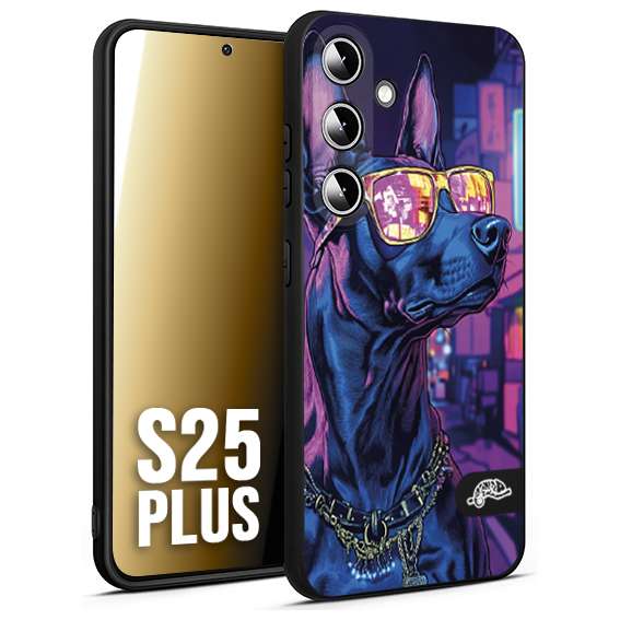 CUSTOMIZZA - Custodia cover nera morbida in tpu compatibile per Samsung S25 PLUS animali cyberpunk dobermann cane street dog fucsia blu night