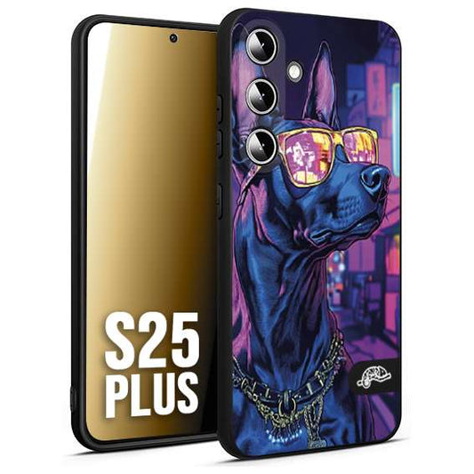 CUSTOMIZZA - Custodia cover nera morbida in tpu compatibile per Samsung S25 PLUS animali cyberpunk dobermann cane street dog fucsia blu night
