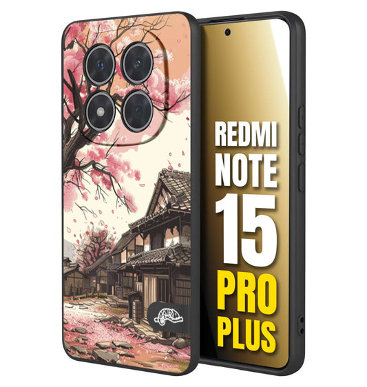 CUSTOMIZZA - Custodia cover nera morbida in tpu compatibile per Xiaomi Redmi Note 15 PRO PLUS casa giapponese rosa ciliegio in fiore disegnata tattoo
