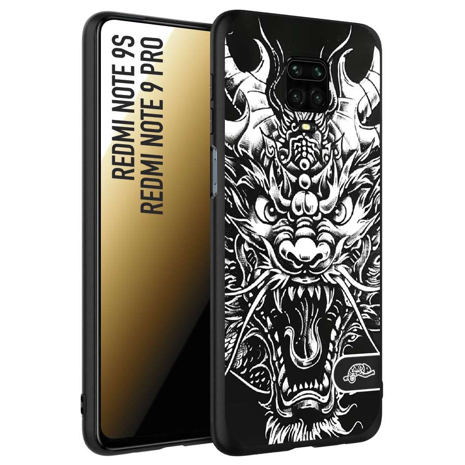 CUSTOMIZZA - Custodia cover nera morbida in tpu compatibile per Xiaomi Redmi Note 9S - Note 9 PRO drago black and white bianco a rilievo disegnato tattoo tatuaggio