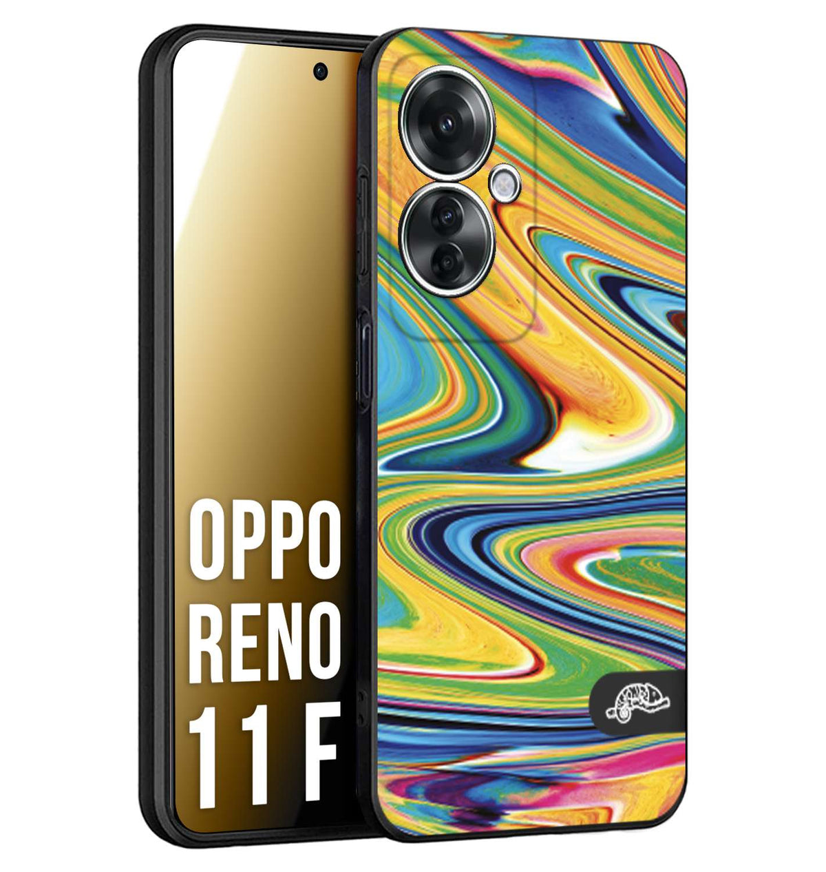 CUSTOMIZZA - Custodia cover nera morbida in tpu compatibile per Oppo Reno 11 F 5G colorata fantasia vortice marmo arcobaleno gialla verde blu