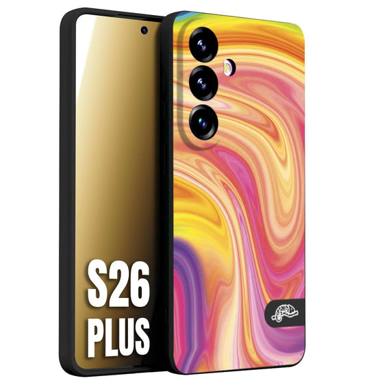 CUSTOMIZZA - Custodia cover nera morbida in tpu compatibile per Samsung S26 PLUS colorata fantasia vortice marmo onde rosa fucsia gialla