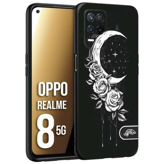 CUSTOMIZZA - Custodia cover nera morbida in tpu compatibile per Oppo Realme 8 5G luna e fiori moon flowers black and white bianco a rilievo disegnato tattoo tatuaggio