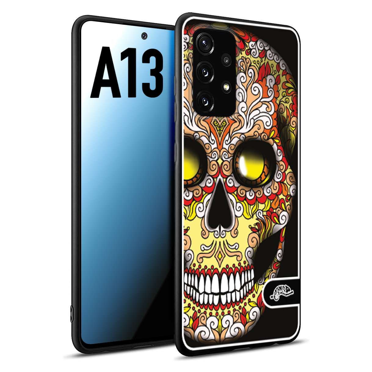 CUSTOMIZZA - Custodia cover nera morbida in tpu compatibile per Samsung A13 teschio messicano Mexican skull giallo rosso arancio