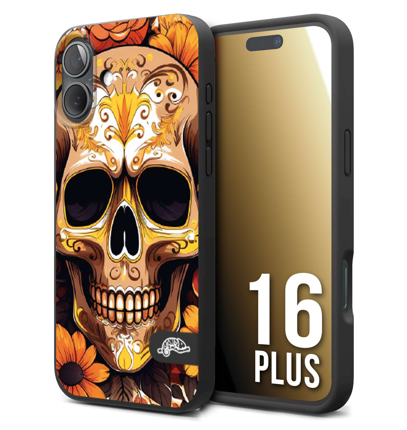 CUSTOMIZZA - Custodia cover nera morbida in tpu compatibile per iPhone 16 PLUS teschio messicano colorato dorato fiori tattoo disegnato