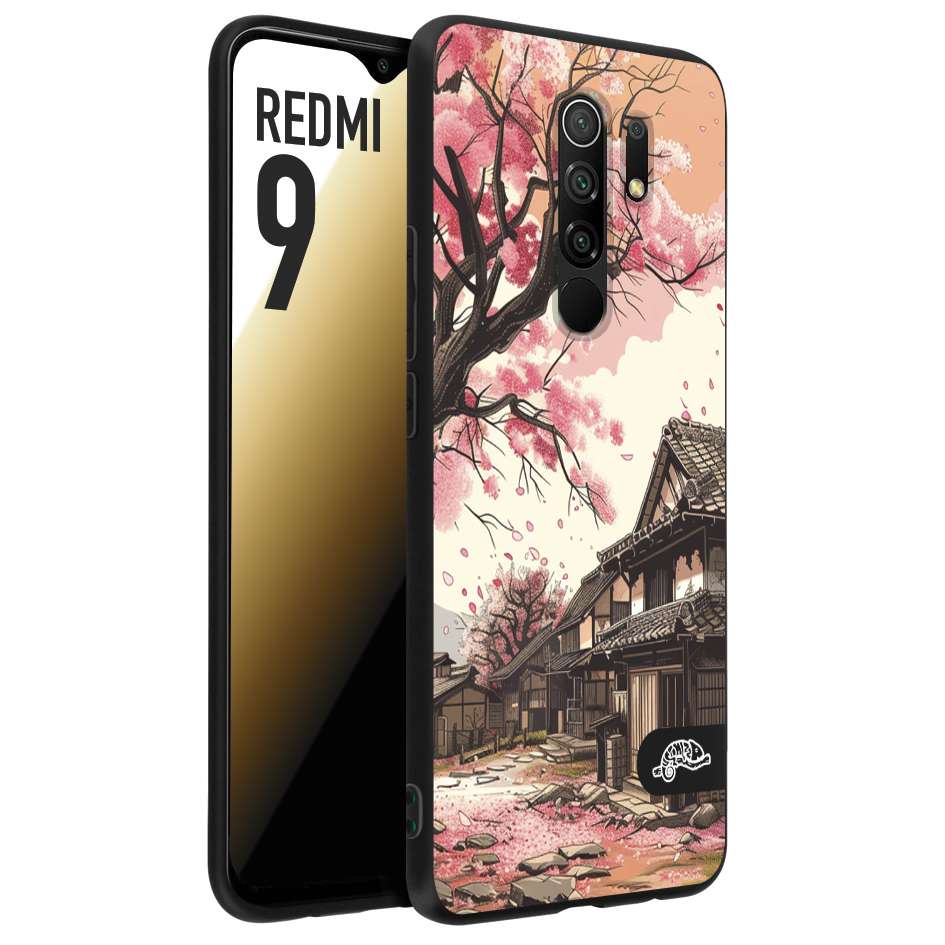 CUSTOMIZZA - Custodia cover nera morbida in tpu compatibile per Xiaomi Redmi 9 casa giapponese rosa ciliegio in fiore disegnata tattoo