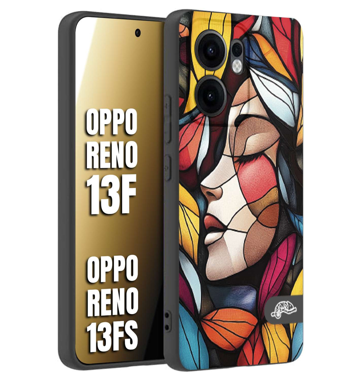 CUSTOMIZZA - Custodia cover nera morbida in tpu compatibile per Oppo Reno 13 F Vetrata artistica volto di donna profilo fogliare mosaico di vetro colorato