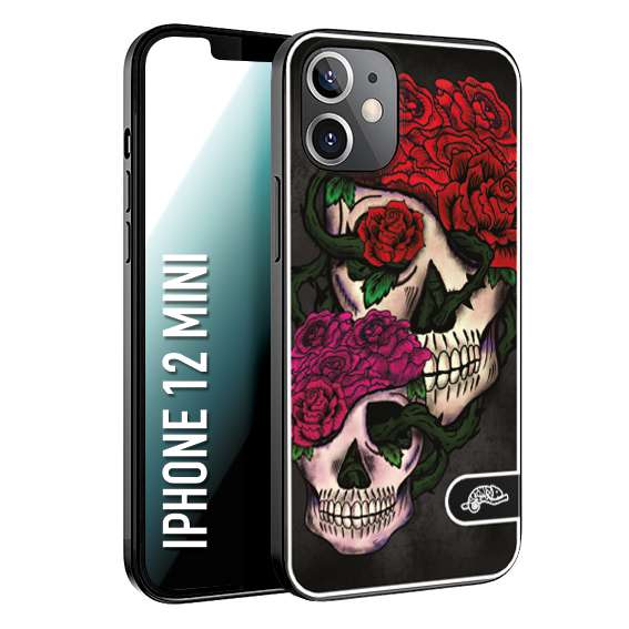 CUSTOMIZZA - Custodia cover nera morbida in tpu compatibile per iPhone 12 MINI teschi e rose rosse fucsia skull and roses