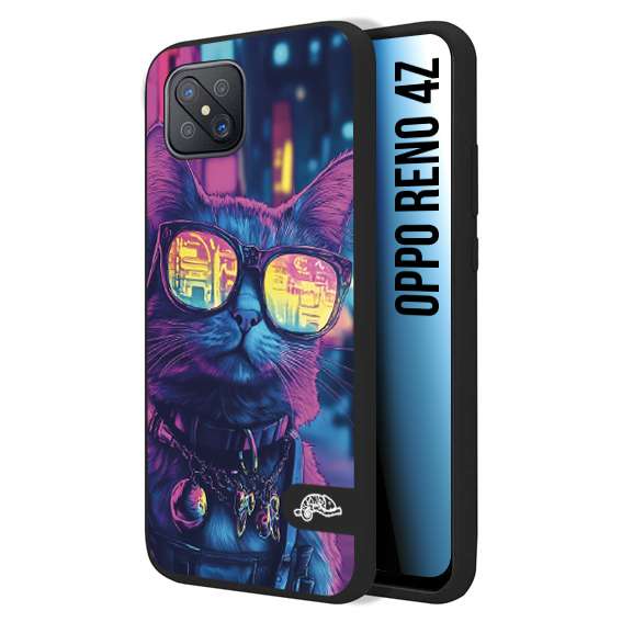 CUSTOMIZZA - Custodia cover nera morbida in tpu compatibile per Oppo Reno 4Z animali cyberpunk gatto street cat fucsia blu giallo