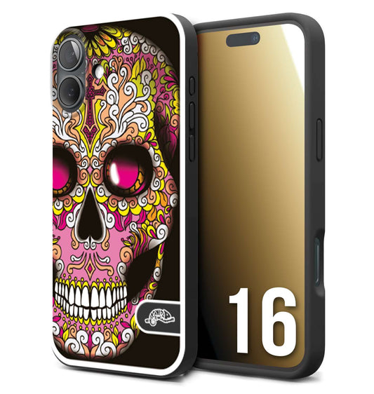 CUSTOMIZZA - Custodia cover nera morbida in tpu compatibile per iPhone 16 teschio messicano Mexican skull rosa gialla