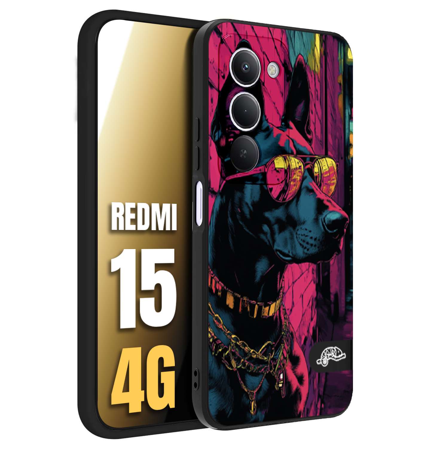 CUSTOMIZZA - Custodia cover nera morbida in tpu compatibile per Xiaomi Redmi 15 4G animali cyberpunk dobermann cane street dog fucsia blu