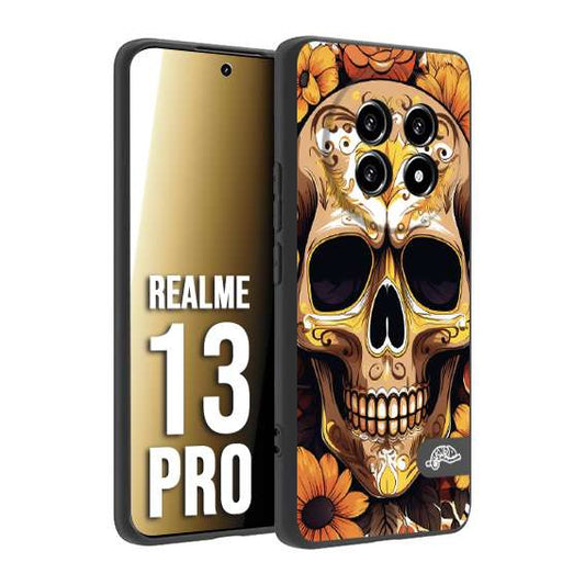 CUSTOMIZZA - Custodia cover nera morbida in tpu compatibile per Realme 13 PRO teschio messicano colorato dorato fiori tattoo disegnato