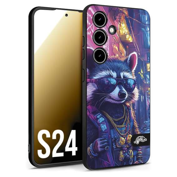 CUSTOMIZZA - Custodia cover nera morbida in tpu compatibile per Samsung S24 animali simpatici cyberpunk procione racoon street cat fucsia blu giallo