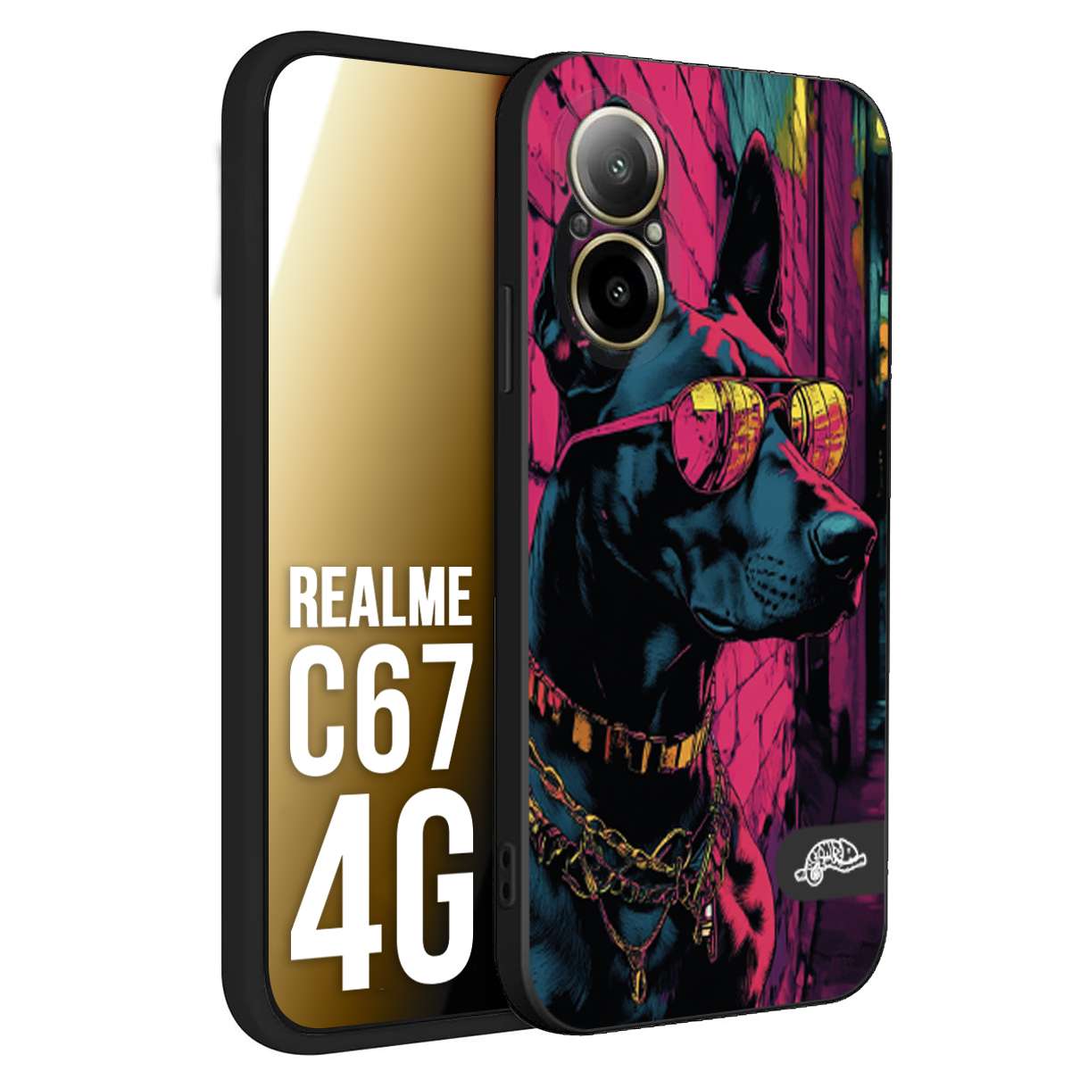 CUSTOMIZZA - Custodia cover nera morbida in tpu compatibile per Realme C67 4G animali cyberpunk dobermann cane street dog fucsia blu