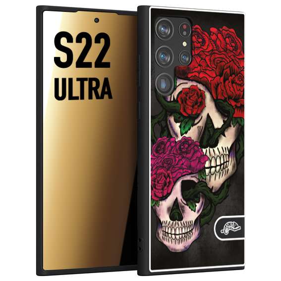 CUSTOMIZZA - Custodia cover nera morbida in tpu compatibile per Samsung S22 ULTRA teschi e rose rosse fucsia skull and roses