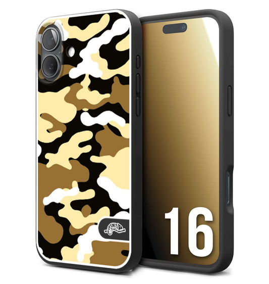 CUSTOMIZZA - Custodia cover nera morbida in tpu compatibile per iPhone 16 camouflage mimetico militare giallo desert brown