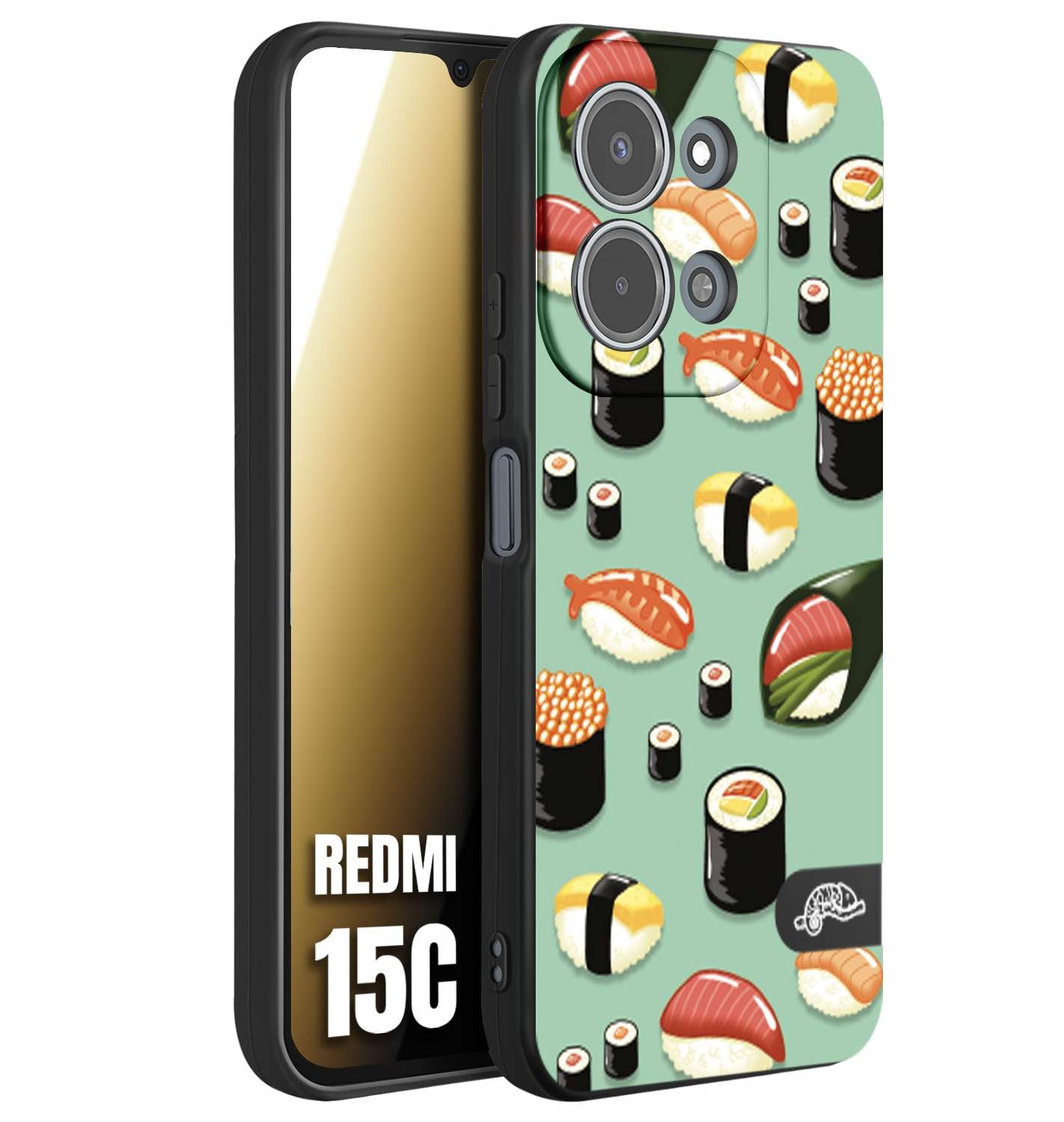 CUSTOMIZZA - Custodia cover nera morbida in tpu compatibile per Xiaomi Redmi 15C sushi disegni giapponese nighiri acquamarina verde