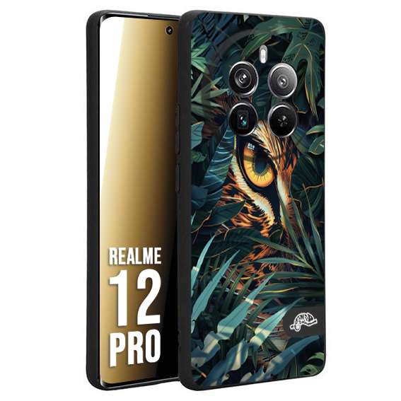CUSTOMIZZA - Custodia cover nera morbida in tpu compatibile per Realme 12 PRO animali color giungla tropicale occhio di giaguaro felino disegnato