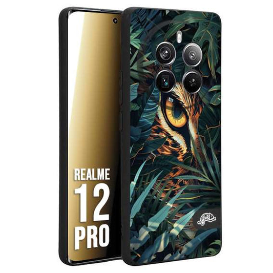 CUSTOMIZZA - Custodia cover nera morbida in tpu compatibile per Realme 12 PRO animali color giungla tropicale occhio di giaguaro felino disegnato