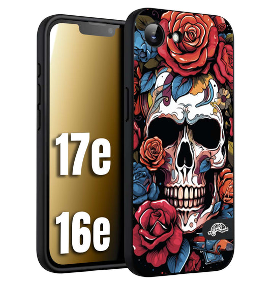 CUSTOMIZZA - Custodia cover nera morbida in tpu compatibile per iPhone 16E - 17E teschio skull flowers fiori rose rosse tattoo disegnato