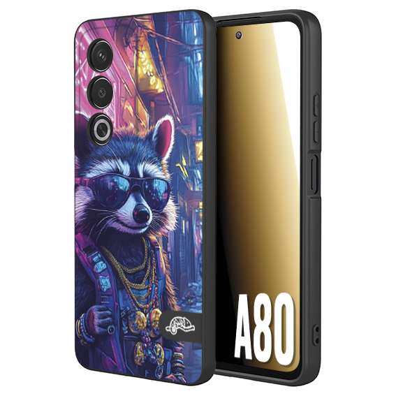 CUSTOMIZZA - Custodia cover nera morbida in tpu compatibile per Oppo A80 animali simpatici cyberpunk procione racoon street cat fucsia blu giallo